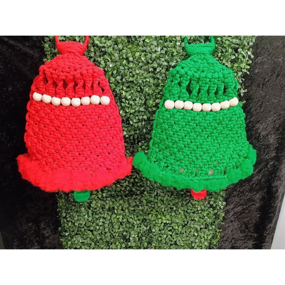 MCM Vintage Macrame Christmas Bell Wall Hanging Set Red Green Wood Bead Handmade